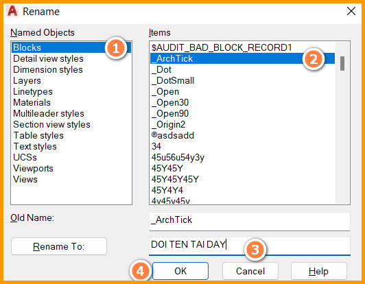 Cách dùng lệnh Rename đổi tên block trong CAD-1